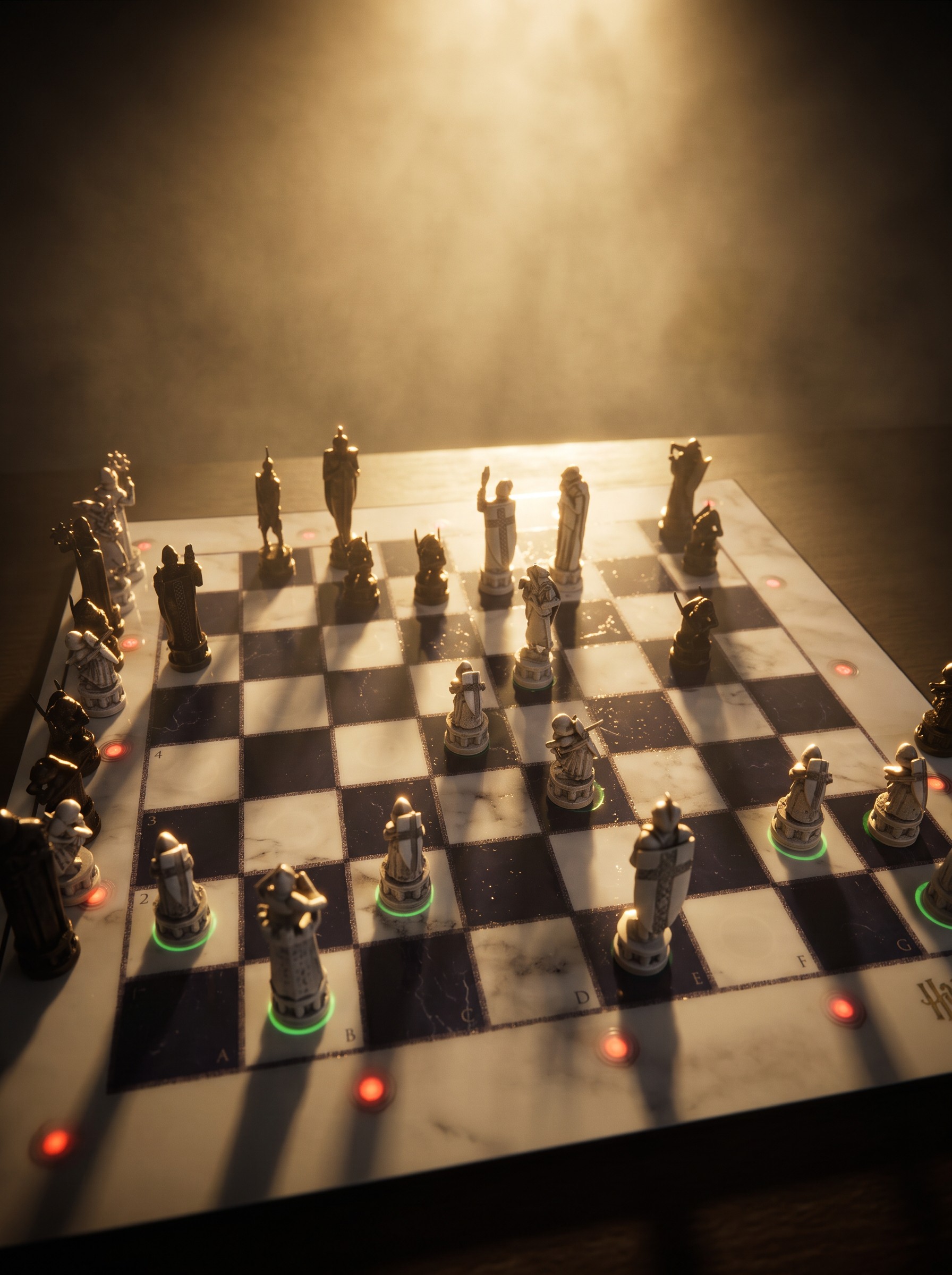 Golden backlight (rim light on every piece, long shadows)