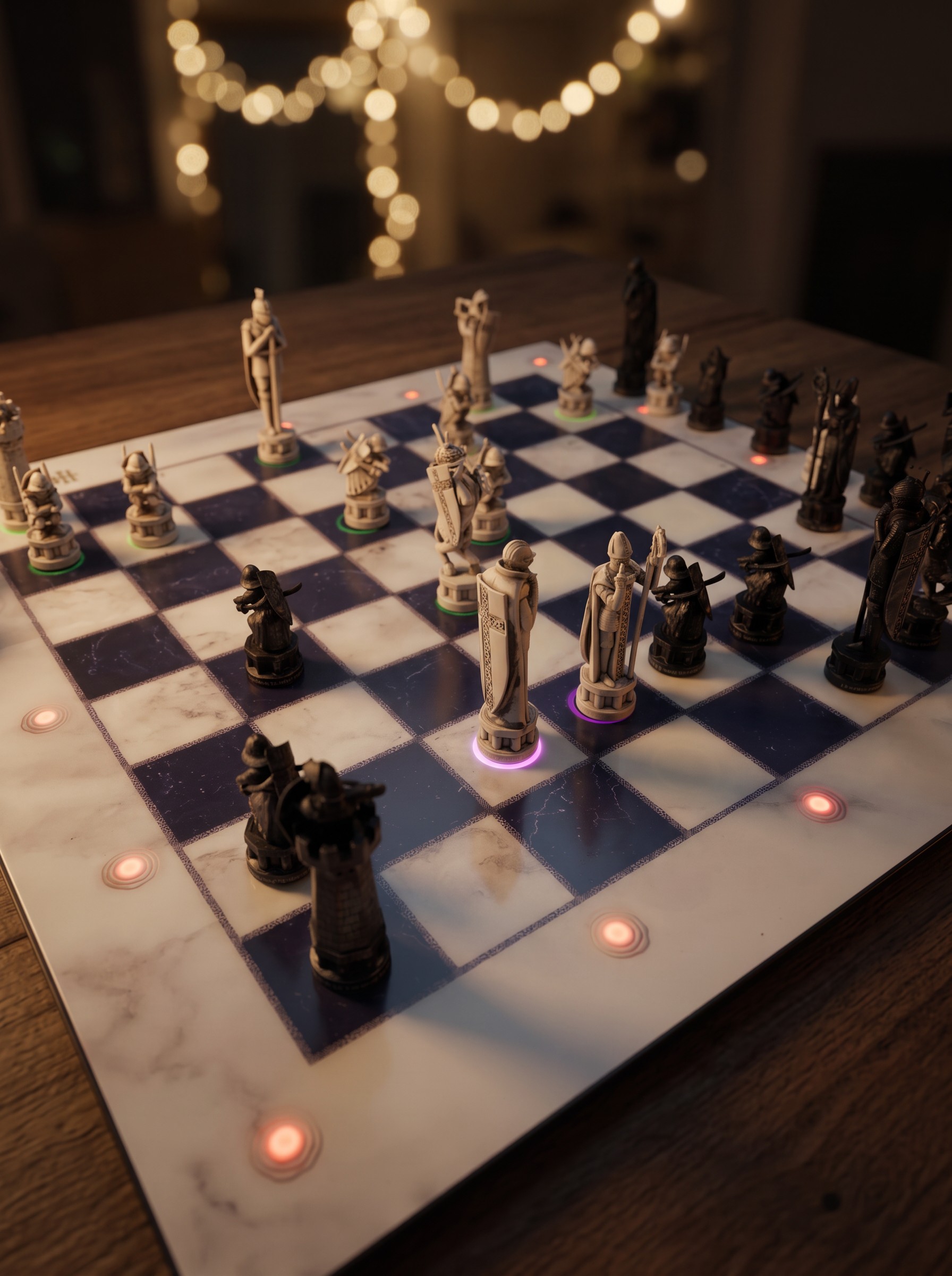 Shallow focus + bokeh (far pieces go soft)